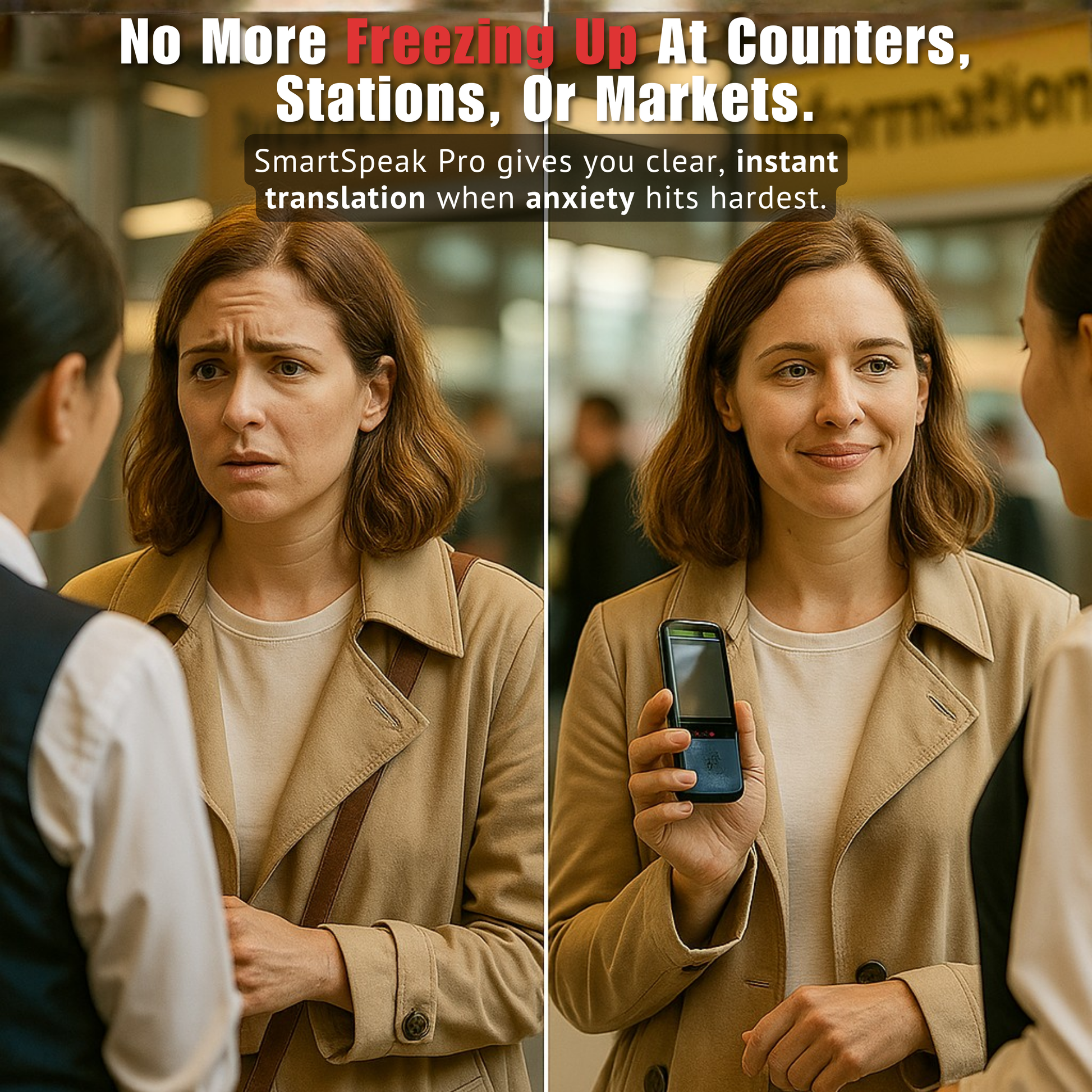 Woman in a beige coat looking confused, then smiling and holding a phone with text about SmartSpeak Pro.