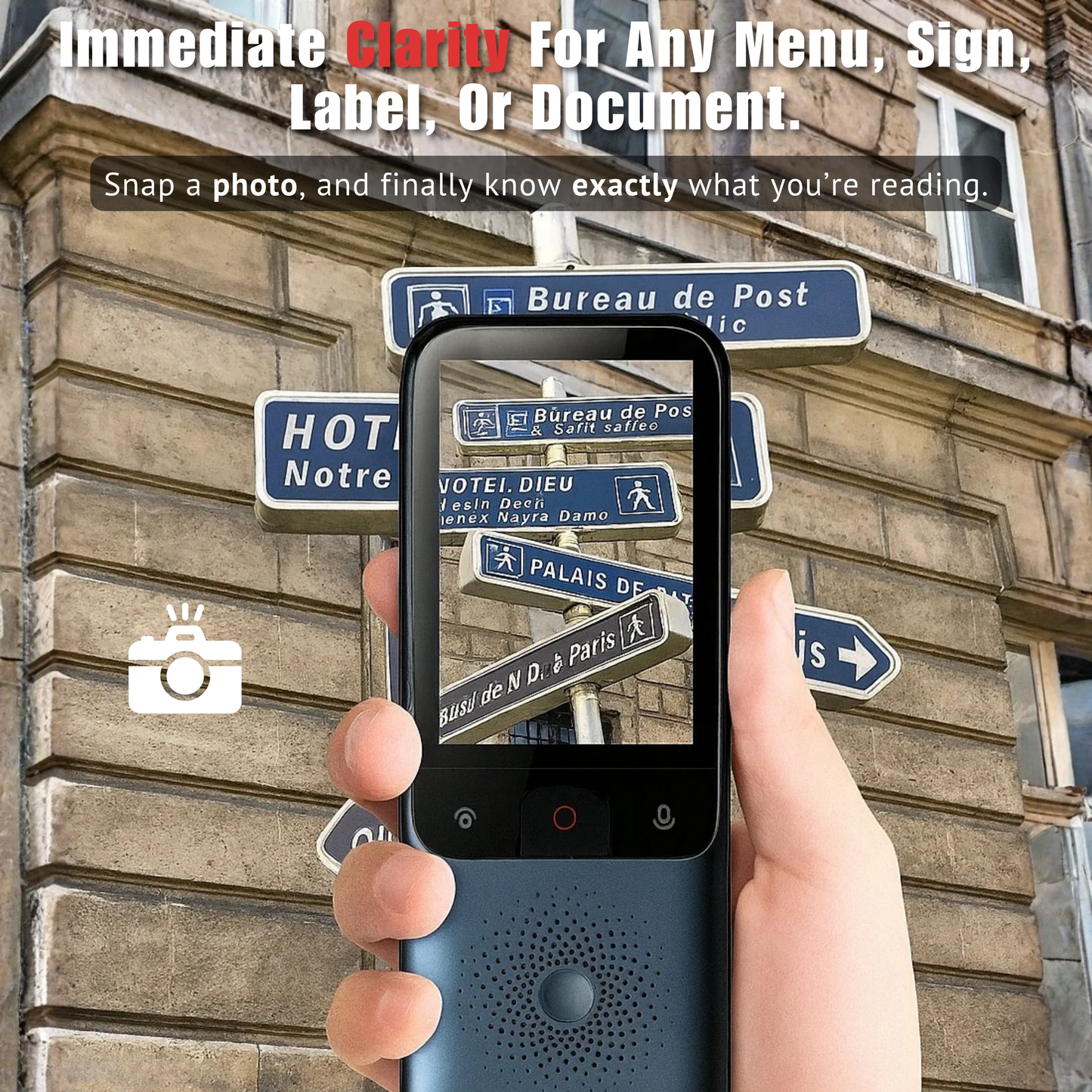 Hand holding a smartphone with a screen displaying street signs, against a building background.