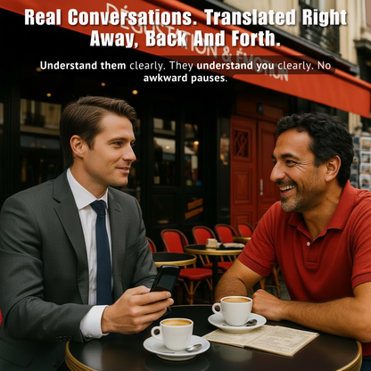 Two men sitting at a table with coffee, one using a phone, in an urban setting with text about real-time translation.