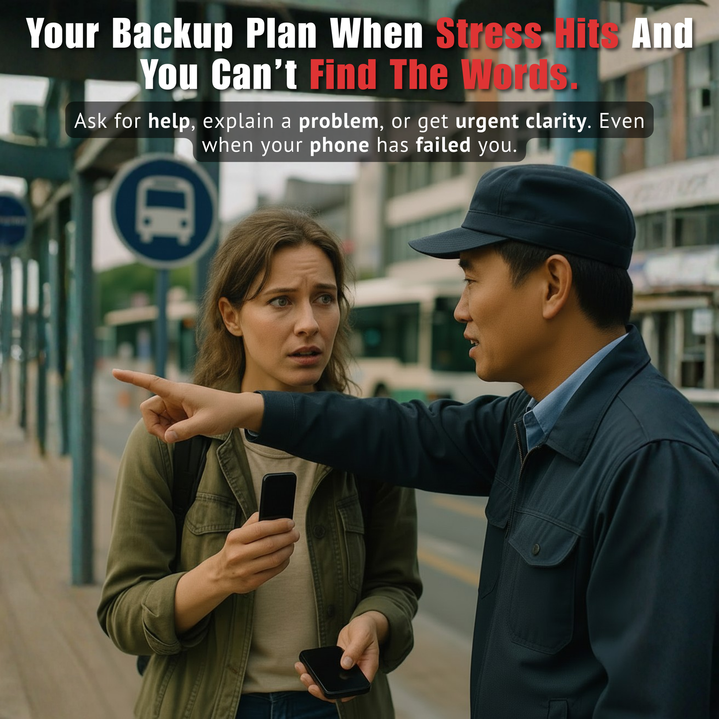 Two people at a bus stop with text about backup plans for stress.