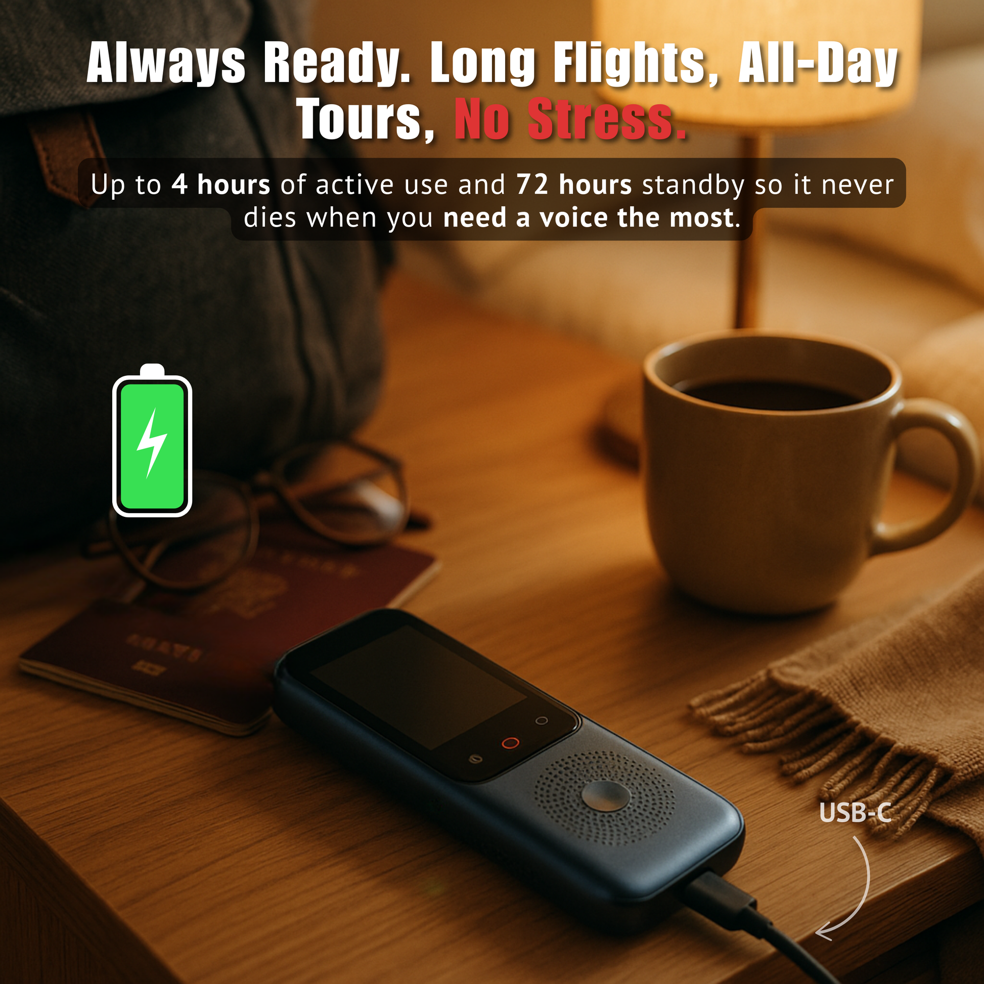 Portable device with charging cable on a table with a cup of coffee and travel items.