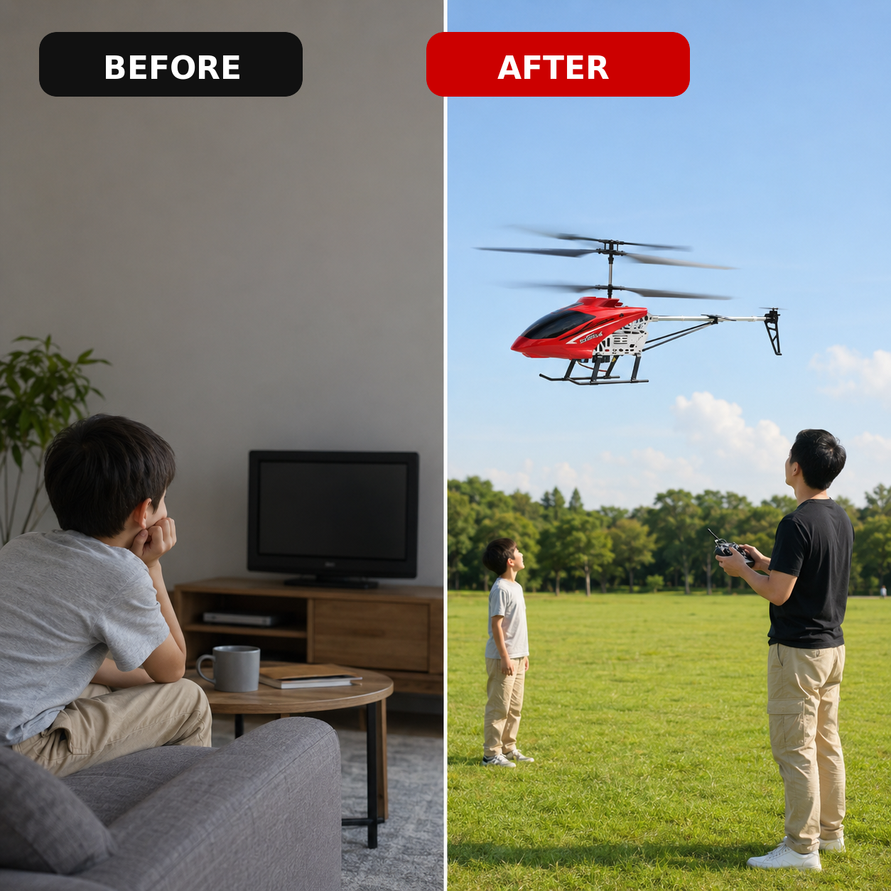 Indoor screen time compared with outdoor RC helicopter play