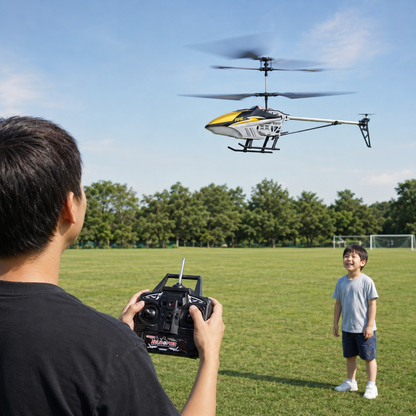 Large RC helicopter flying outdoors under adult supervision