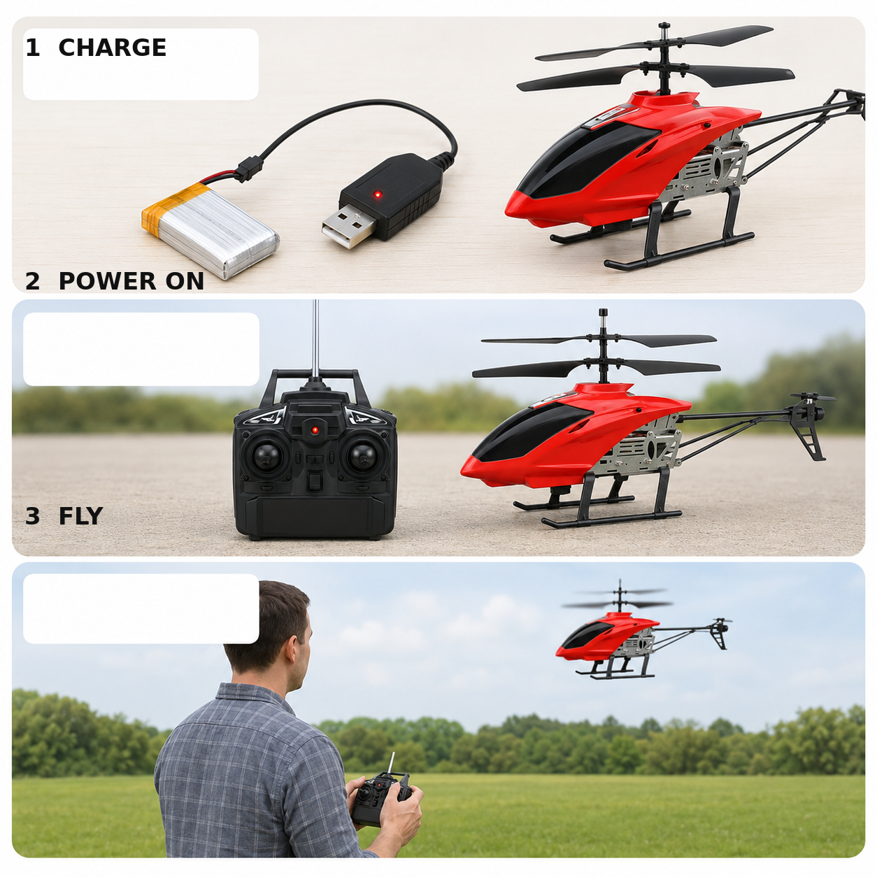 How to charge, power on and fly the RC helicopter